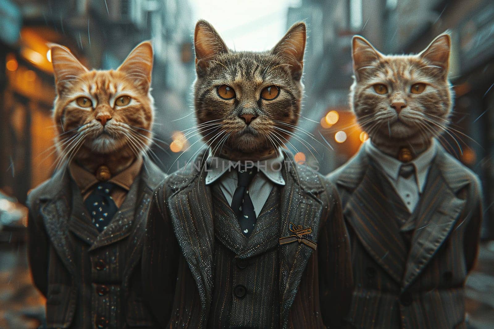 Three cats in business suits go to work against the backdrop of a blurred city. Concept of doing business, work. Generated by artificial intelligence by Vovmar