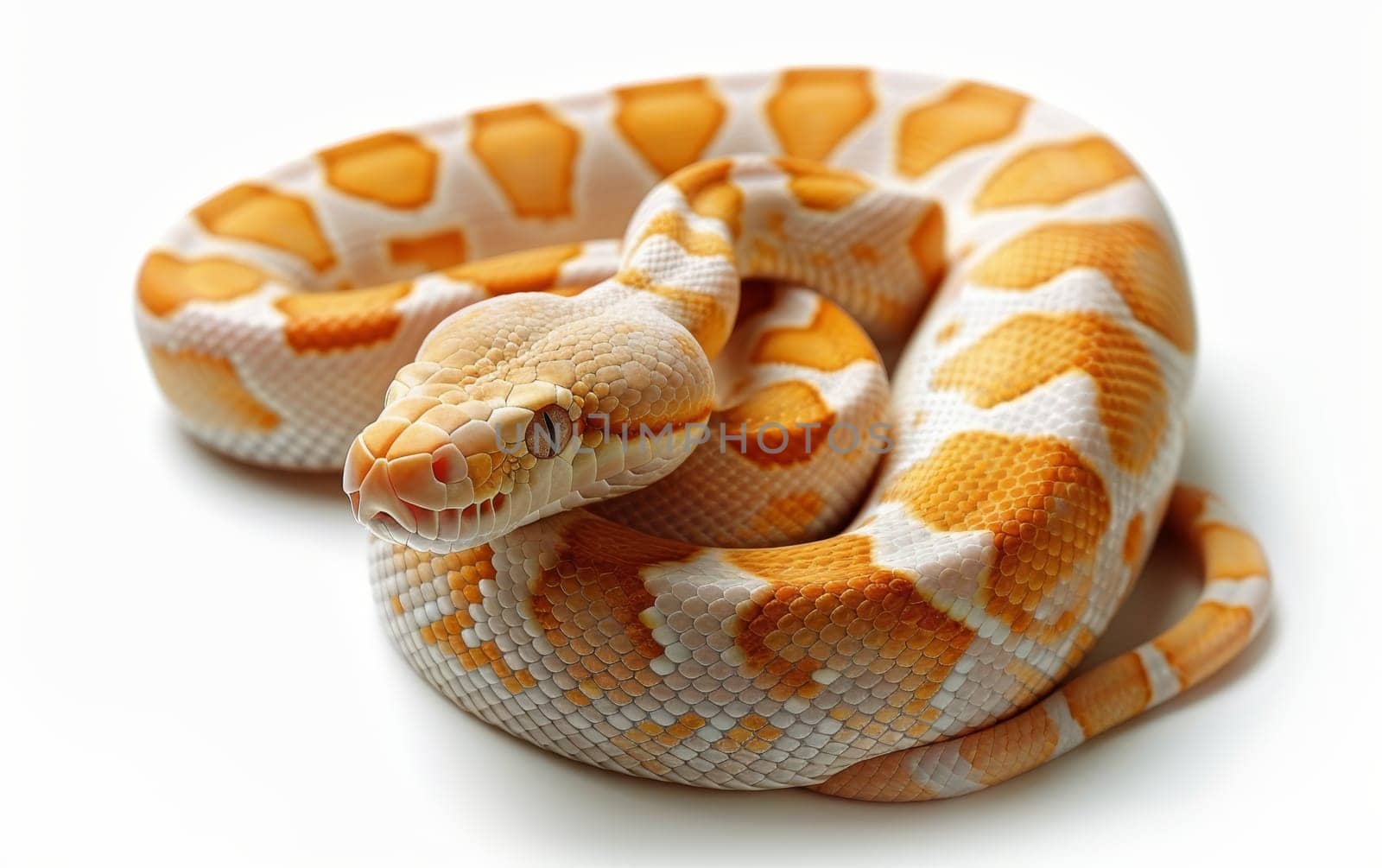 Close-up of a python head with captivating eyes and rich, detailed scales, in a front-facing view