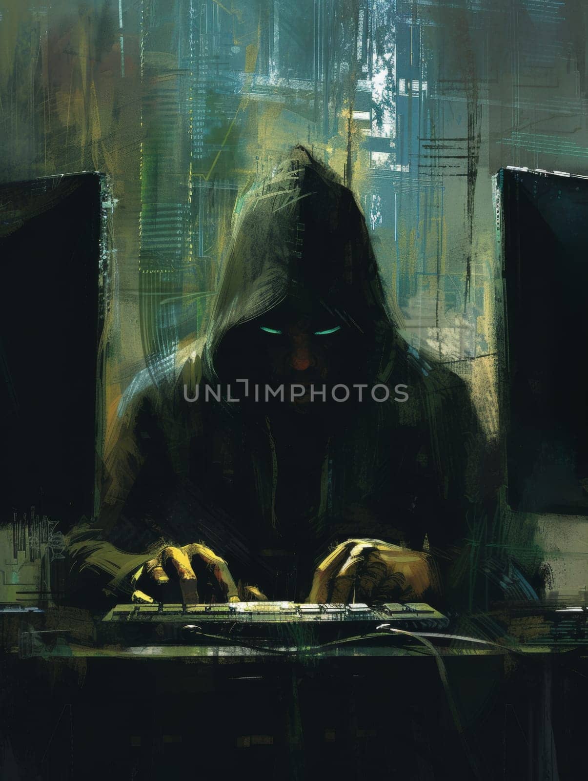 Hooded person with glowing eyes intensely typing at a computer keyboard, surrounded by dark, abstract digital art