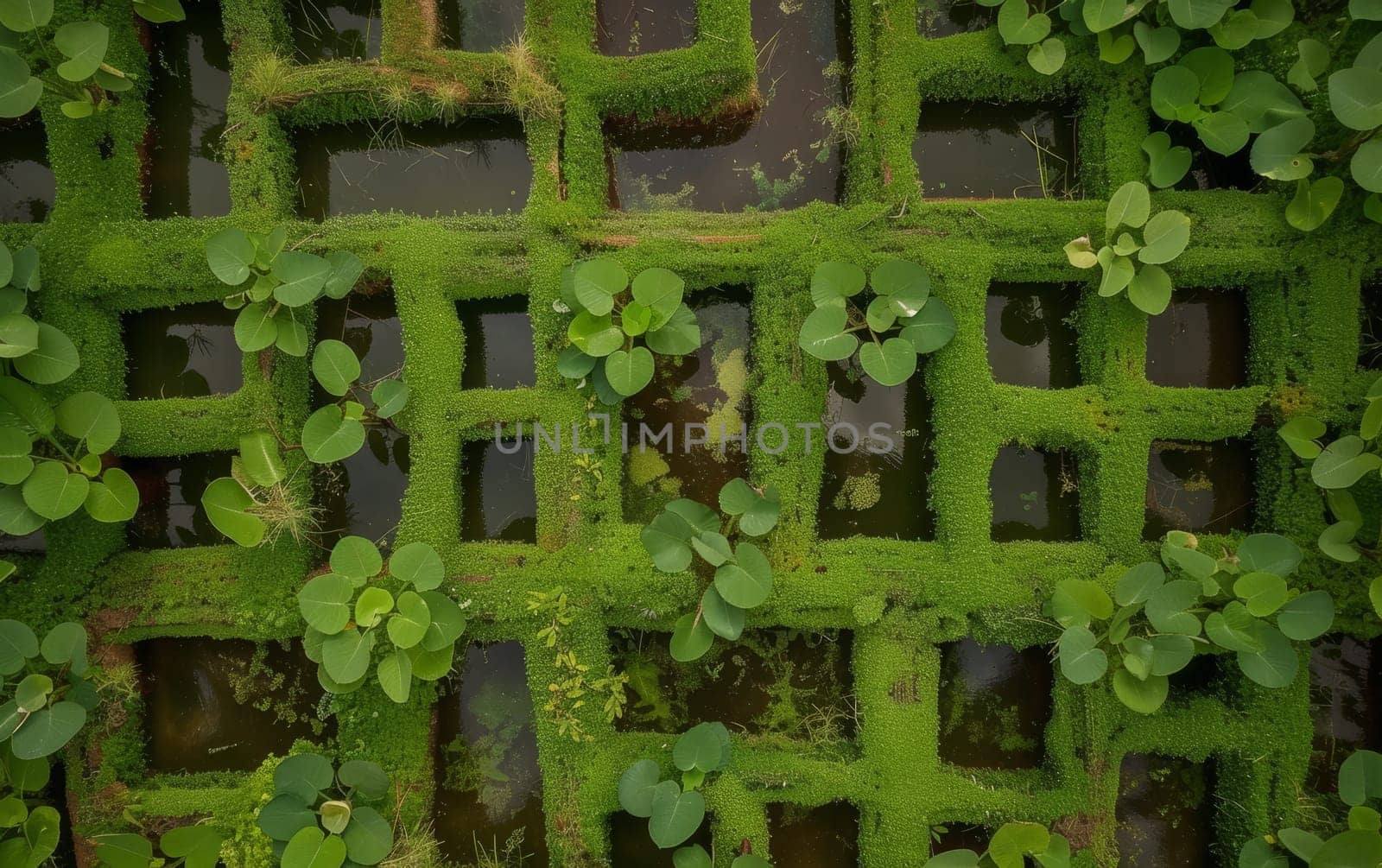 Overhead shot of a complex green maze garden surrounded by vibrant tropical foliage