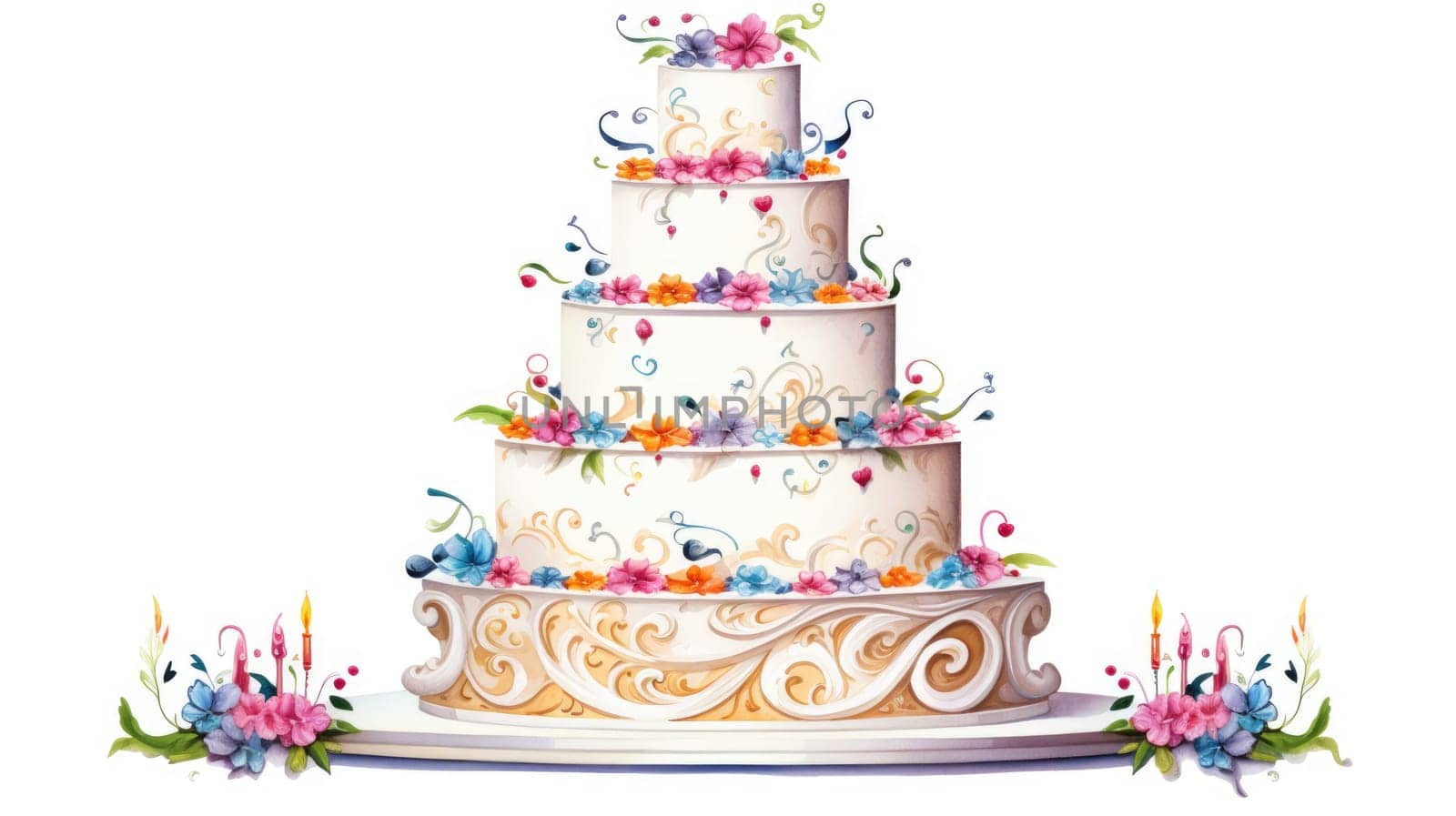 Celebration cake cartoon illustration - AI generated. Tall, cake, layer, flowers.