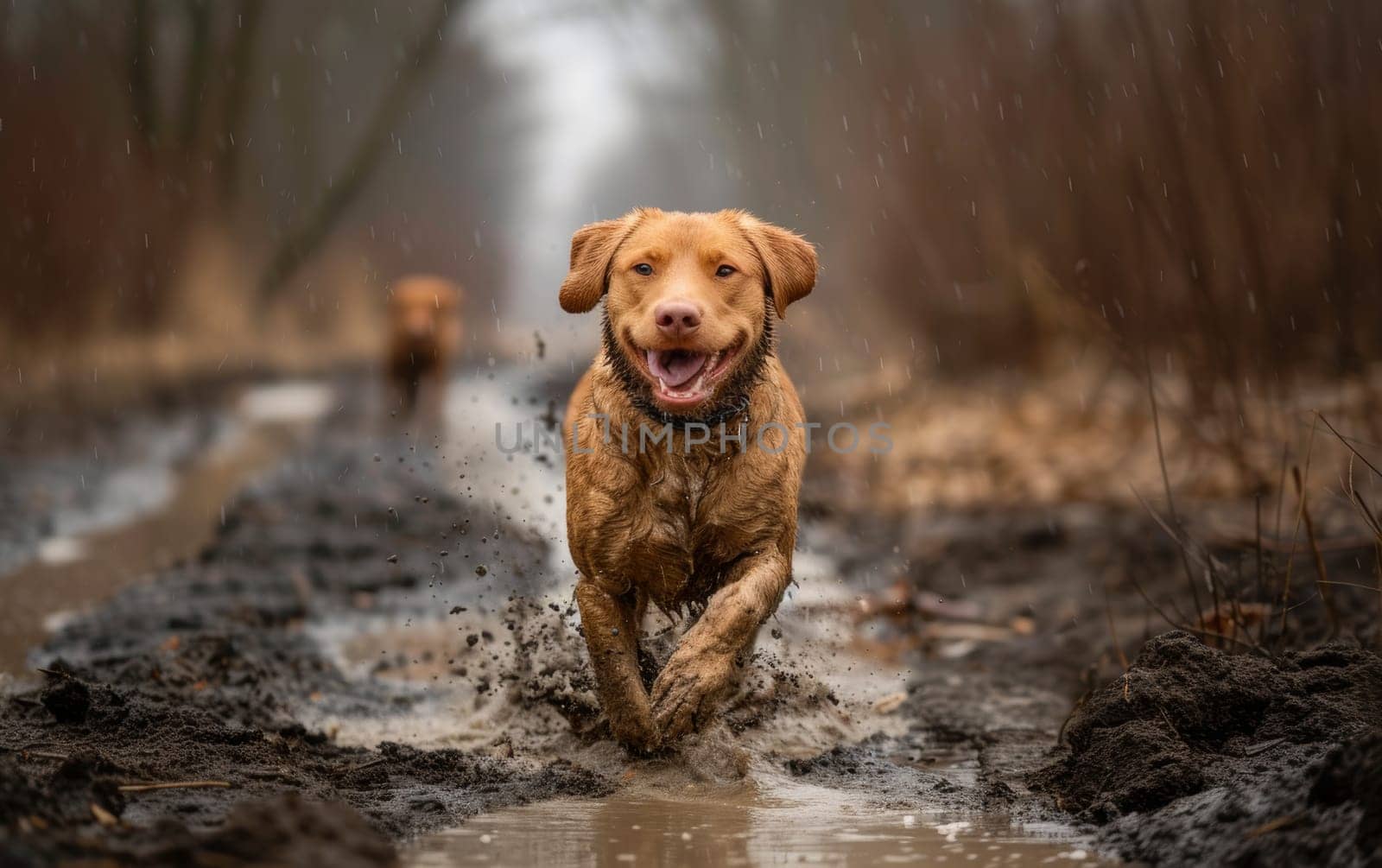 Happy brown dog running through muddy water, splashes around, in a natural outdoor setting. by sfinks