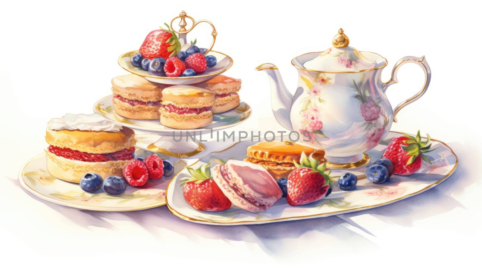 High tea affair cartoon illustration - AI generated. Teapot, cakes, fruits, plate.