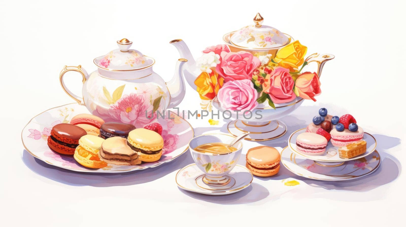 High tea affair cartoon illustration - AI generated. Teapot, cakes, fruits, plate.