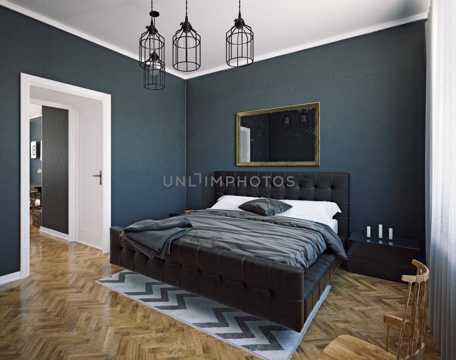 modern dark style bedroom interior design. 3d rendering room concept