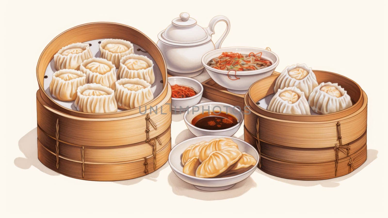 Exquisite dim sum spread steamer baskets cartoon illustration - AI generated. Bowl, dim, sum, sauce.