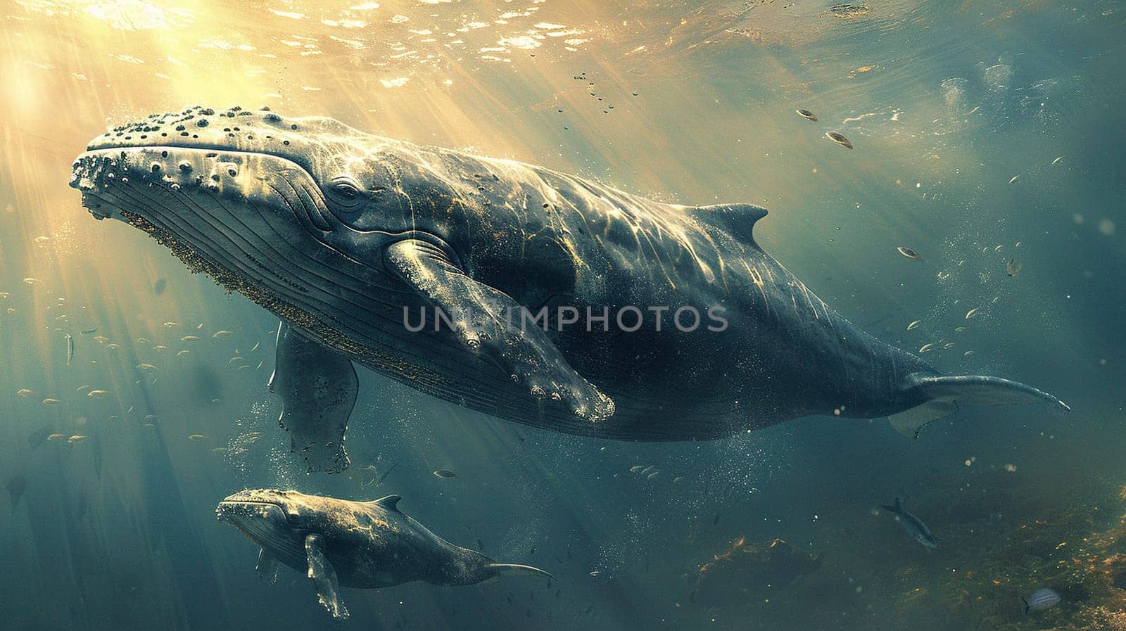 An adult whale and a newborn calf underwater. Generated by artificial intelligence by Vovmar
