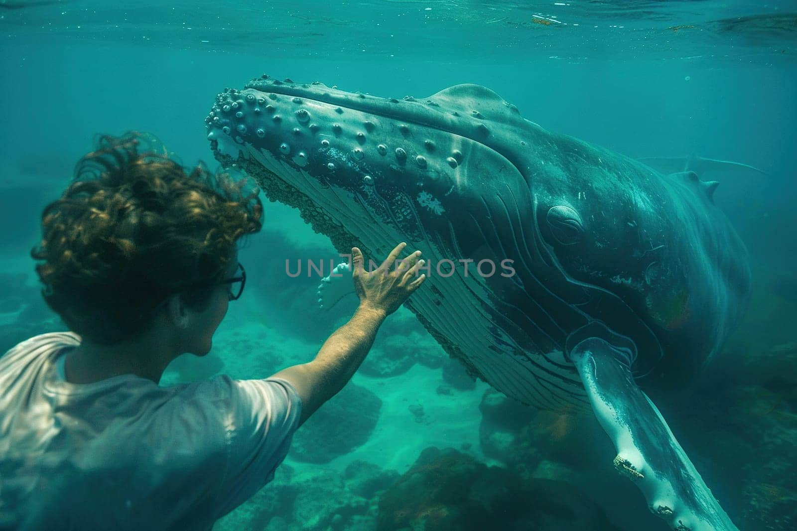 Man and whale underwater. Whale protection concept. Generated by artificial intelligence by Vovmar