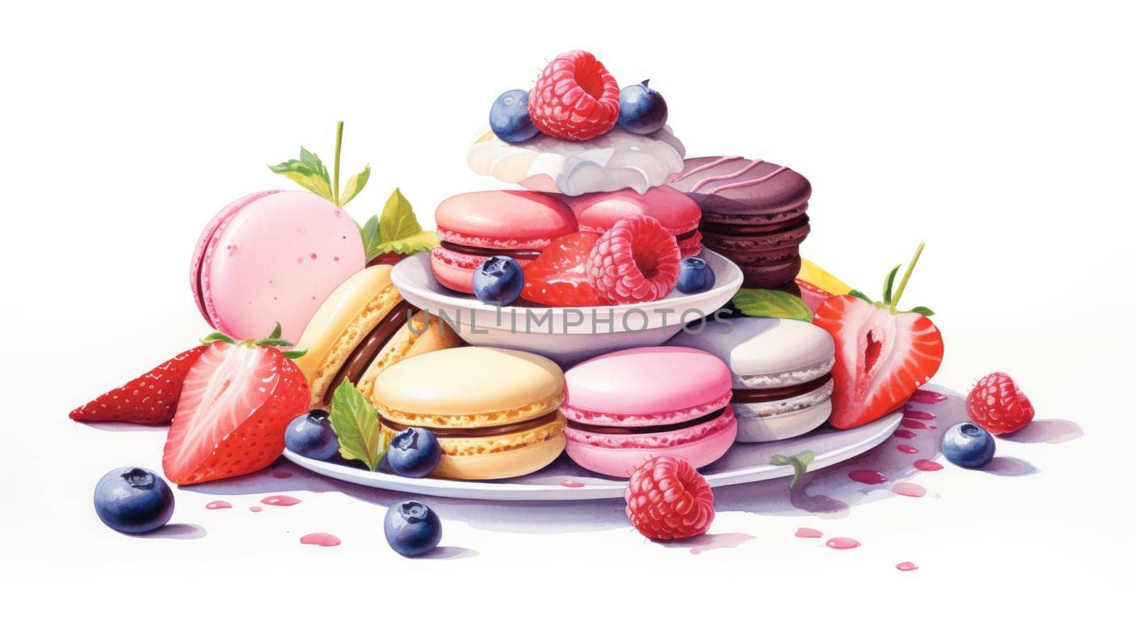 French patisserie cartoon illustration - AI generated. Colorful, macarons, fruits, berries.