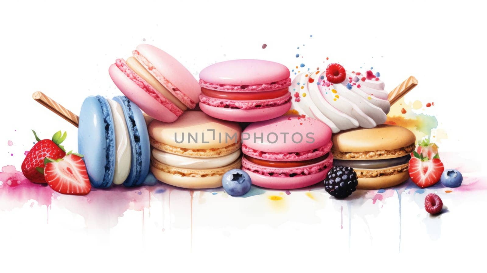 French patisserie cartoon illustration - AI generated. Colorful, macarons, fruits, berries.