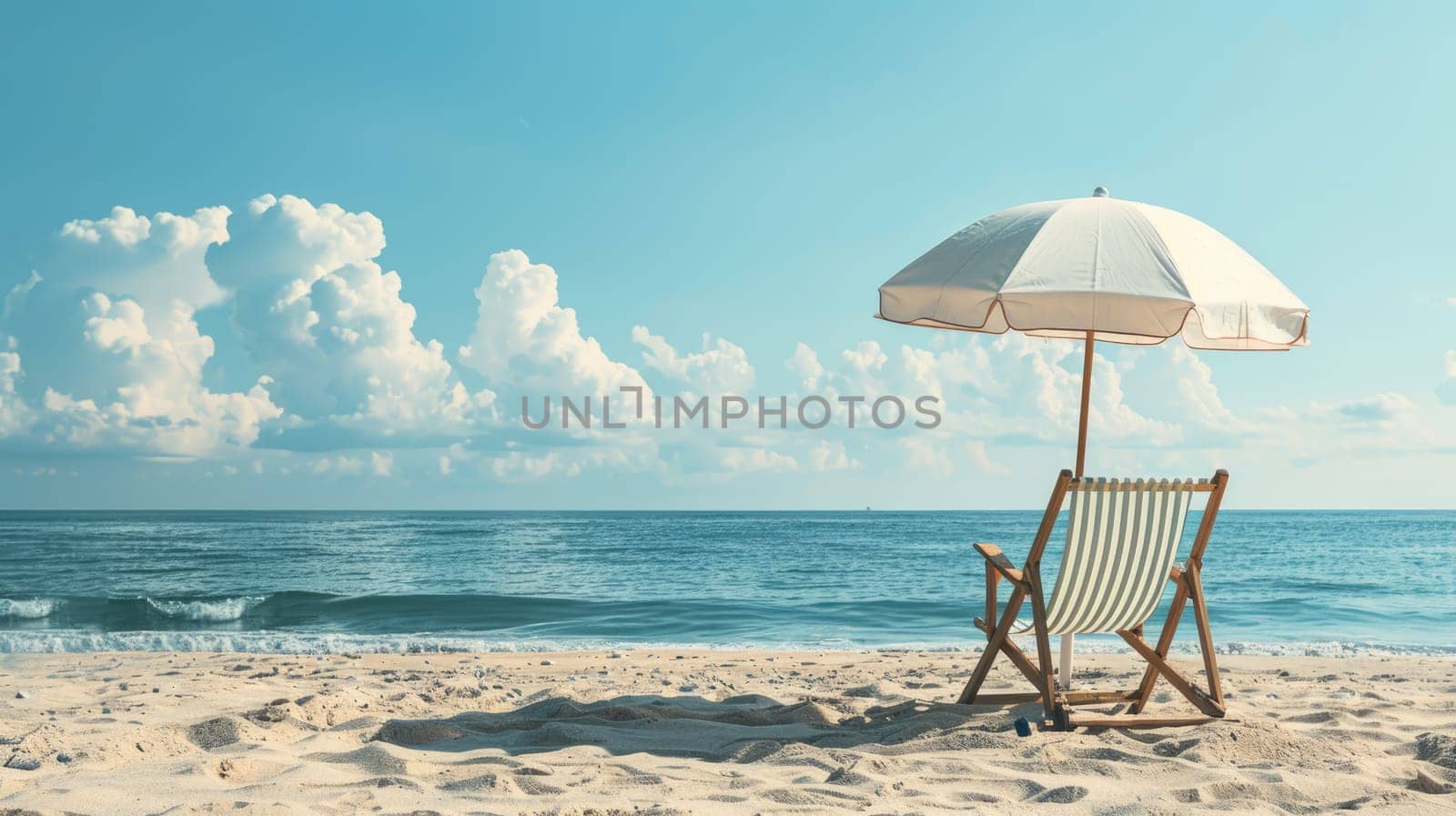A chair and an umbrella provide shade on the sandy beach, with the azure sky reflecting in the crystal clear water of the oceanic coastal landforms AIG50