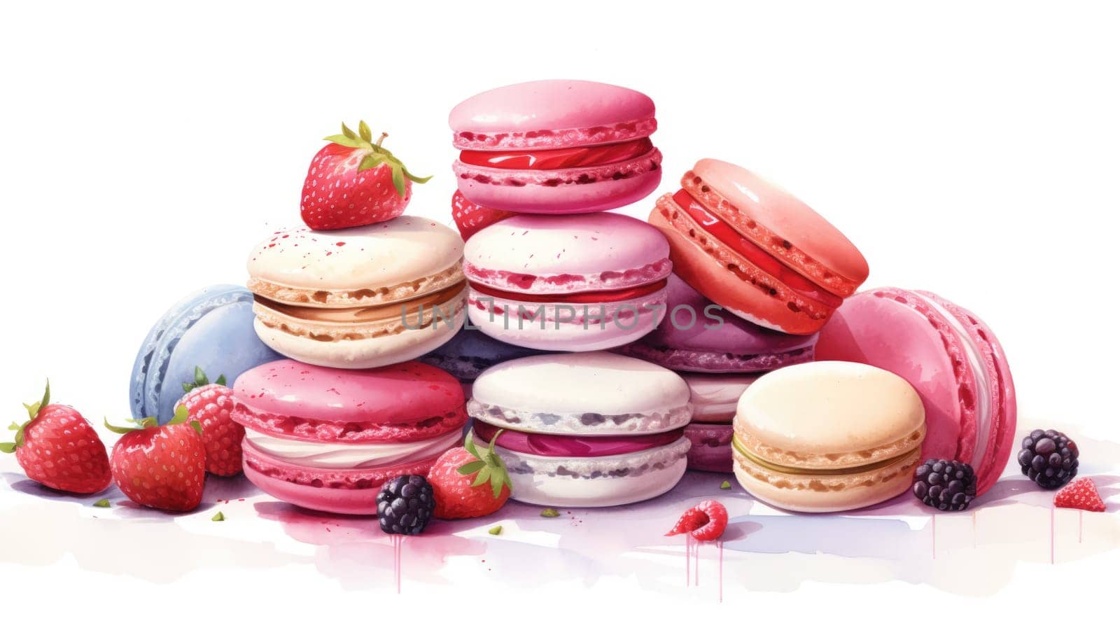 French patisserie cartoon illustration - AI generated. Colorful, macarons, fruits, berries.