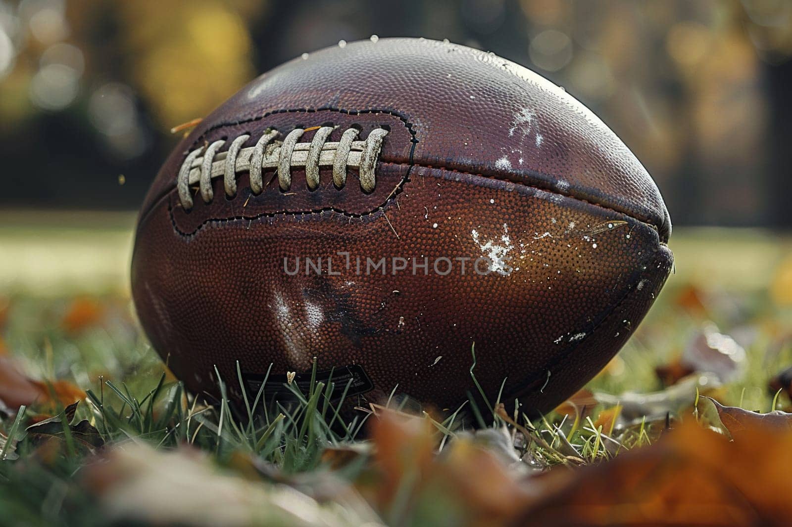 Close-up of an American football ball on the grass with fallen leaves. Generated by artificial intelligence by Vovmar