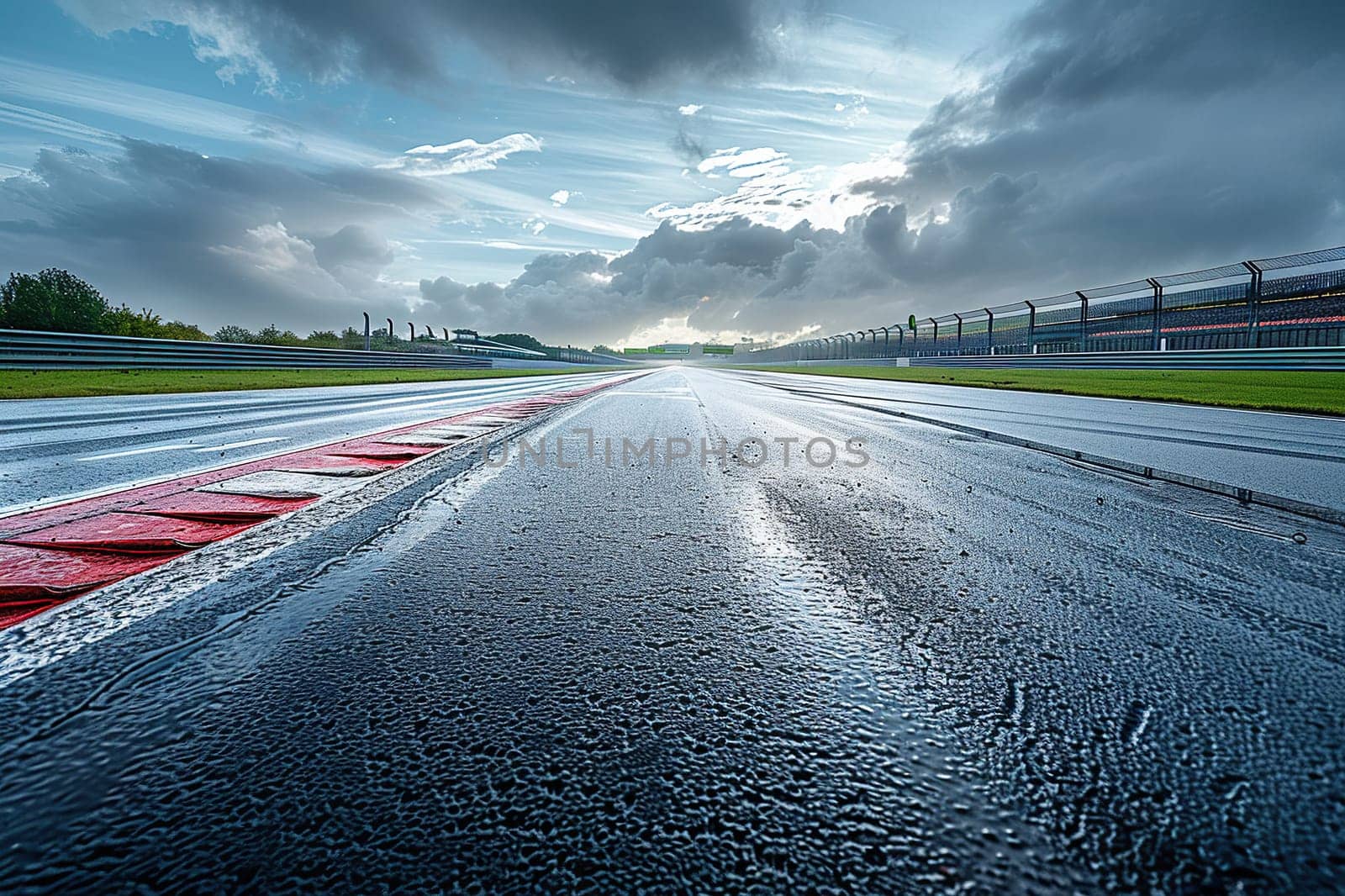 Close-up of a race track in cloudy weather. Concept of racing competition, high speed.