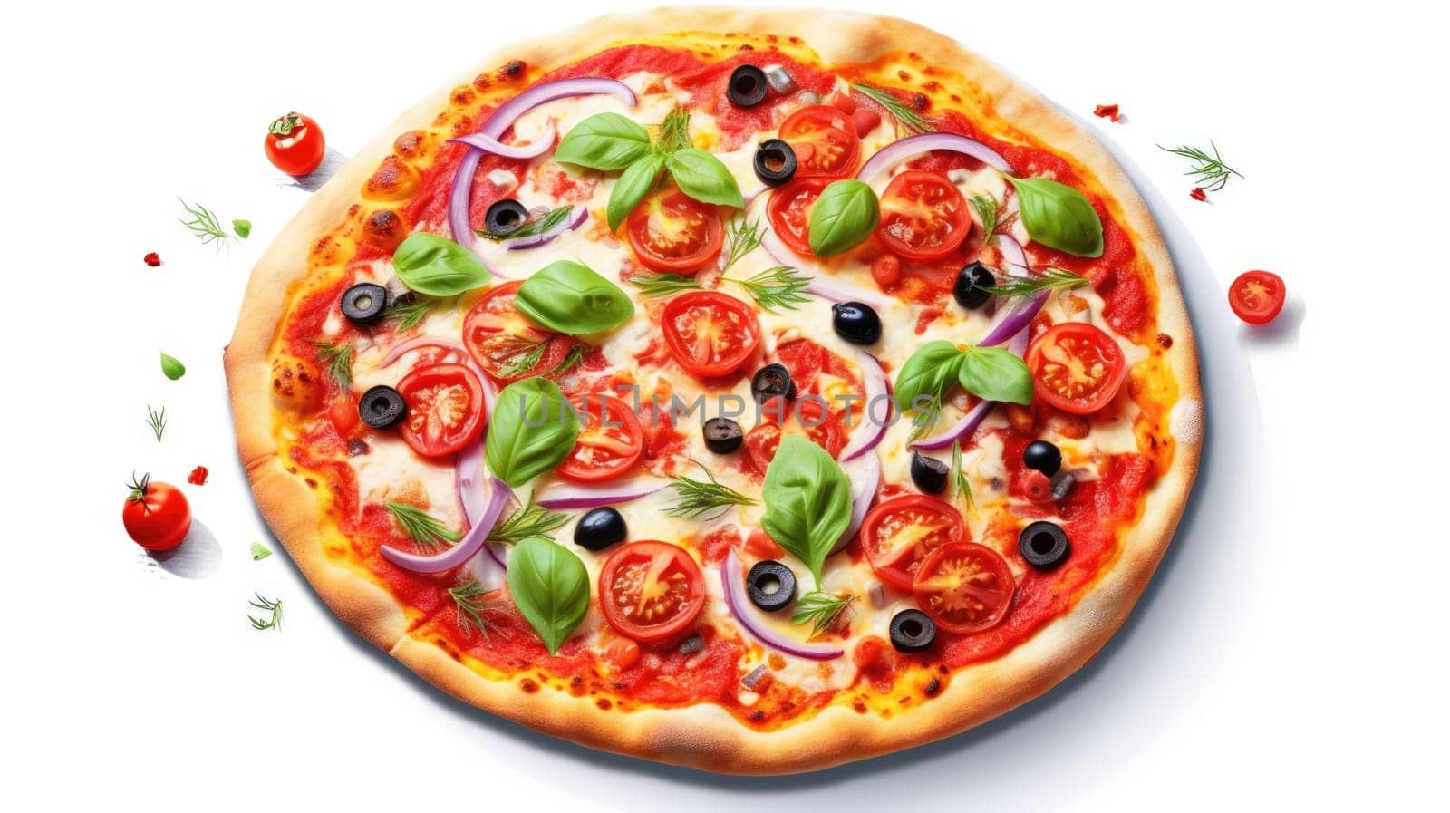 Gourmet pizza photo realistic illustration - AI generated. Pizza, tomato, sauce, basil.