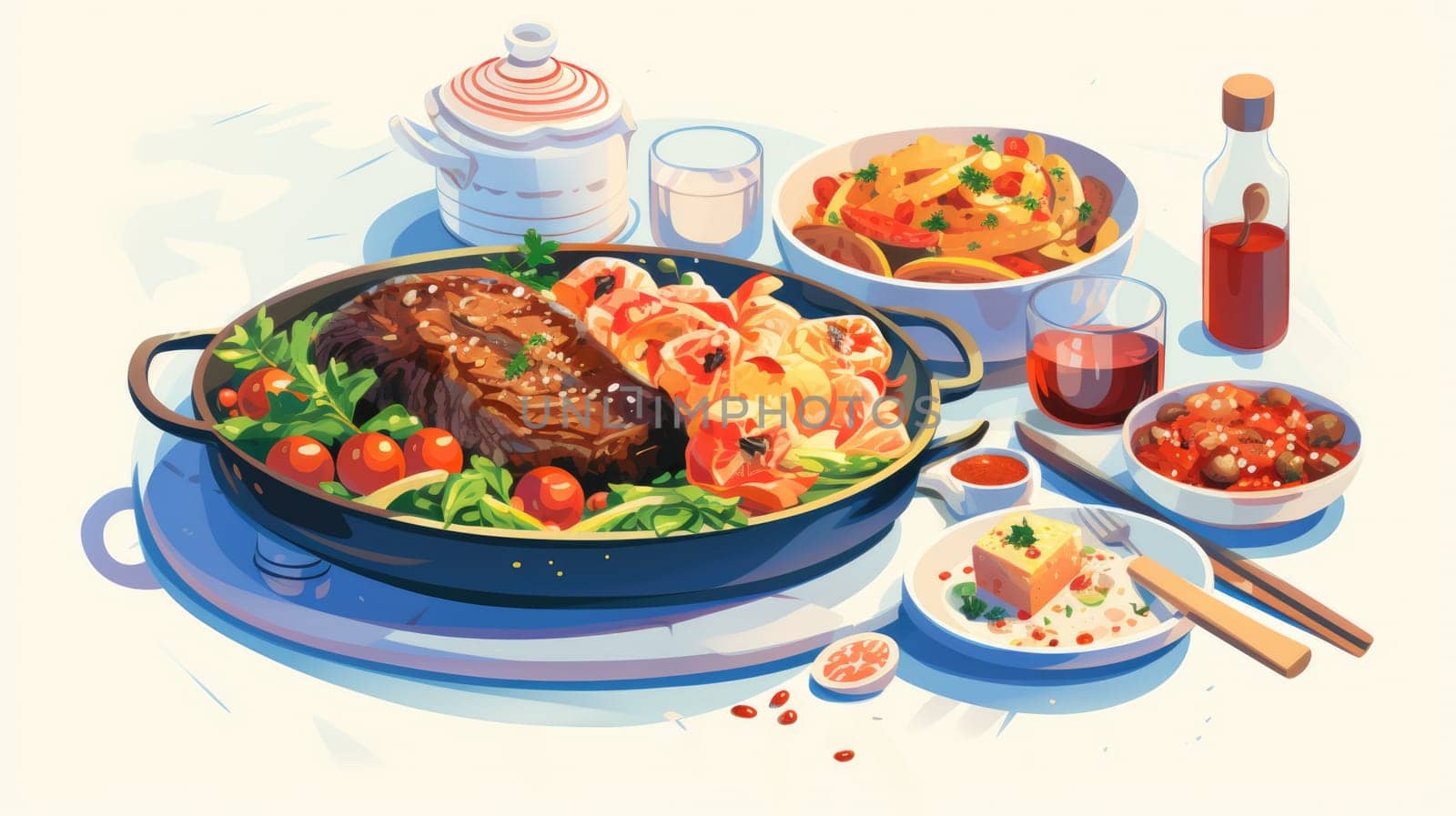 Home-cooked meal cartoon illustration - AI generated. Plate, glass, saucer, fork, food.