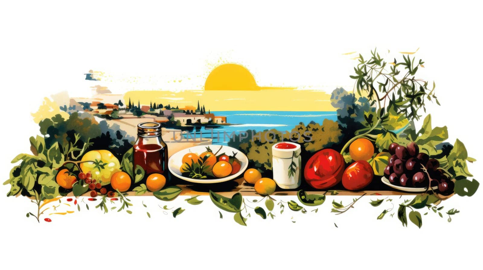 Mediterranean flavor cartoon illustration - AI generated. Island, house, sea, tomato, grape.