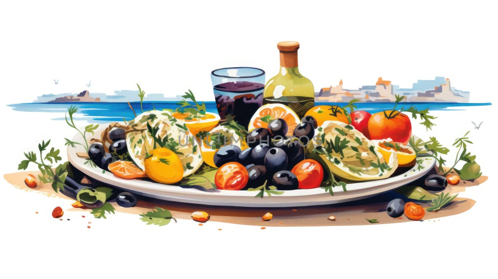 Mediterranean flavor cartoon illustration - AI generated. Island, house, sea, tomato, grape.