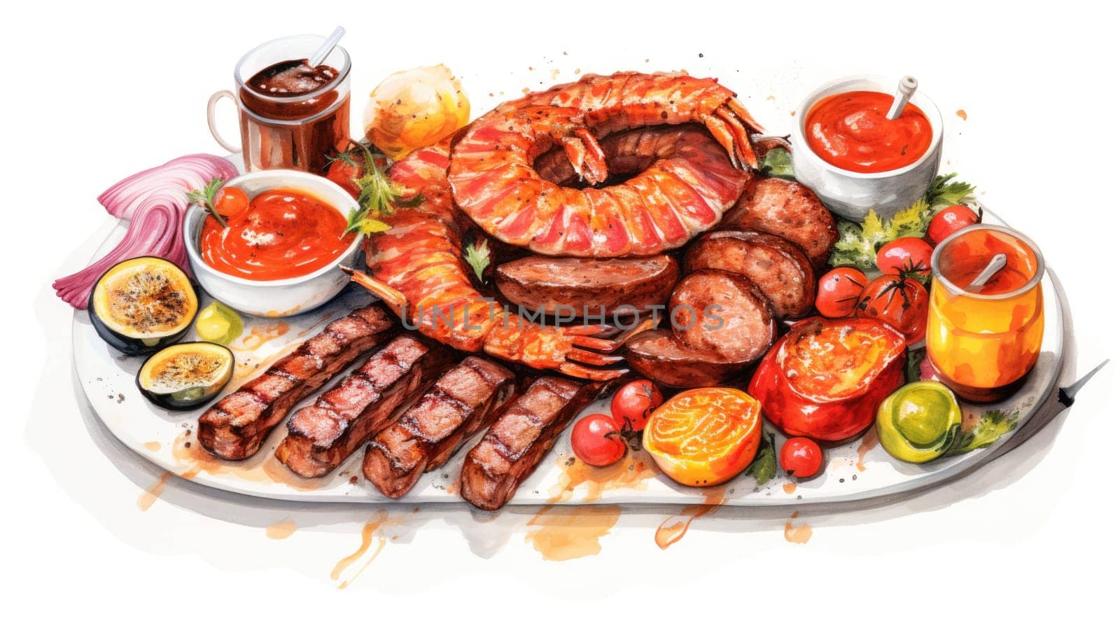 Mouthwatering BBQ cartoon illustration - AI generated. Grilled, seafood, vegetable, sauce.