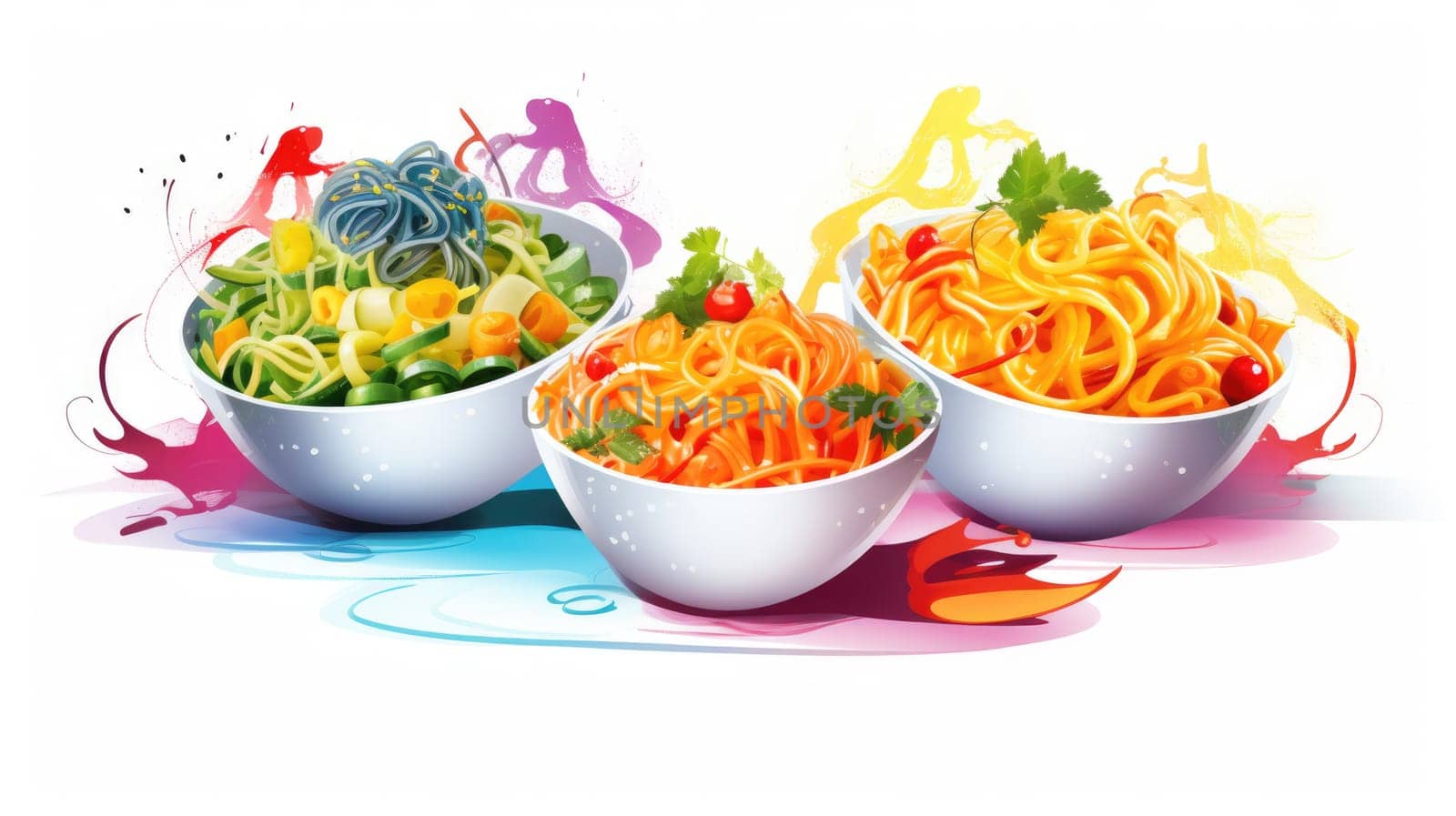 Noodle bar cartoon illustration - AI generated. Bowl, noodle, spaghetti, basil.