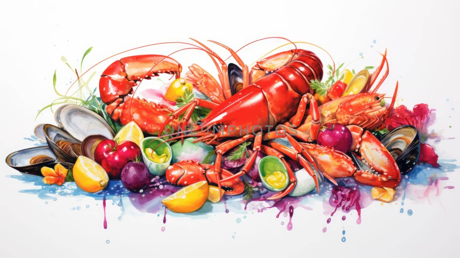 Seafood extravaganza cartoon illustration - AI generated. Seafood, crab, mussels, oysters.