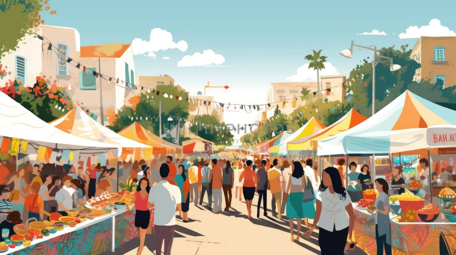 Street food fiesta cartoon illustration - AI generated. Street, food, fair, cars, people.