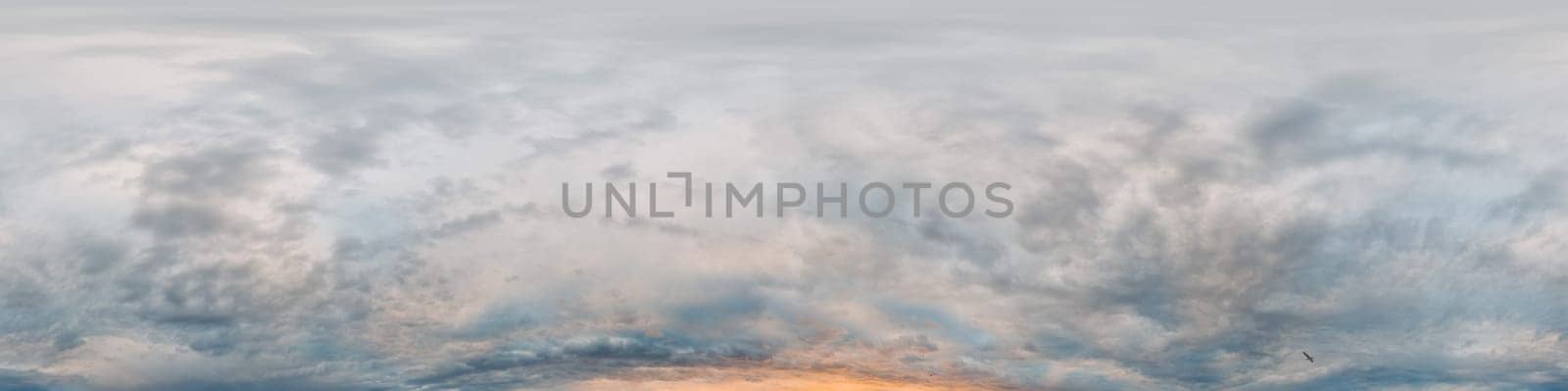 Dramatic overcast sky panorama with dark gloomy Cumulonimbus clouds. HDR 360 seamless spherical panorama. Sky dome in 3D, sky replacement for aerial drone panoramas. Weather and climate change