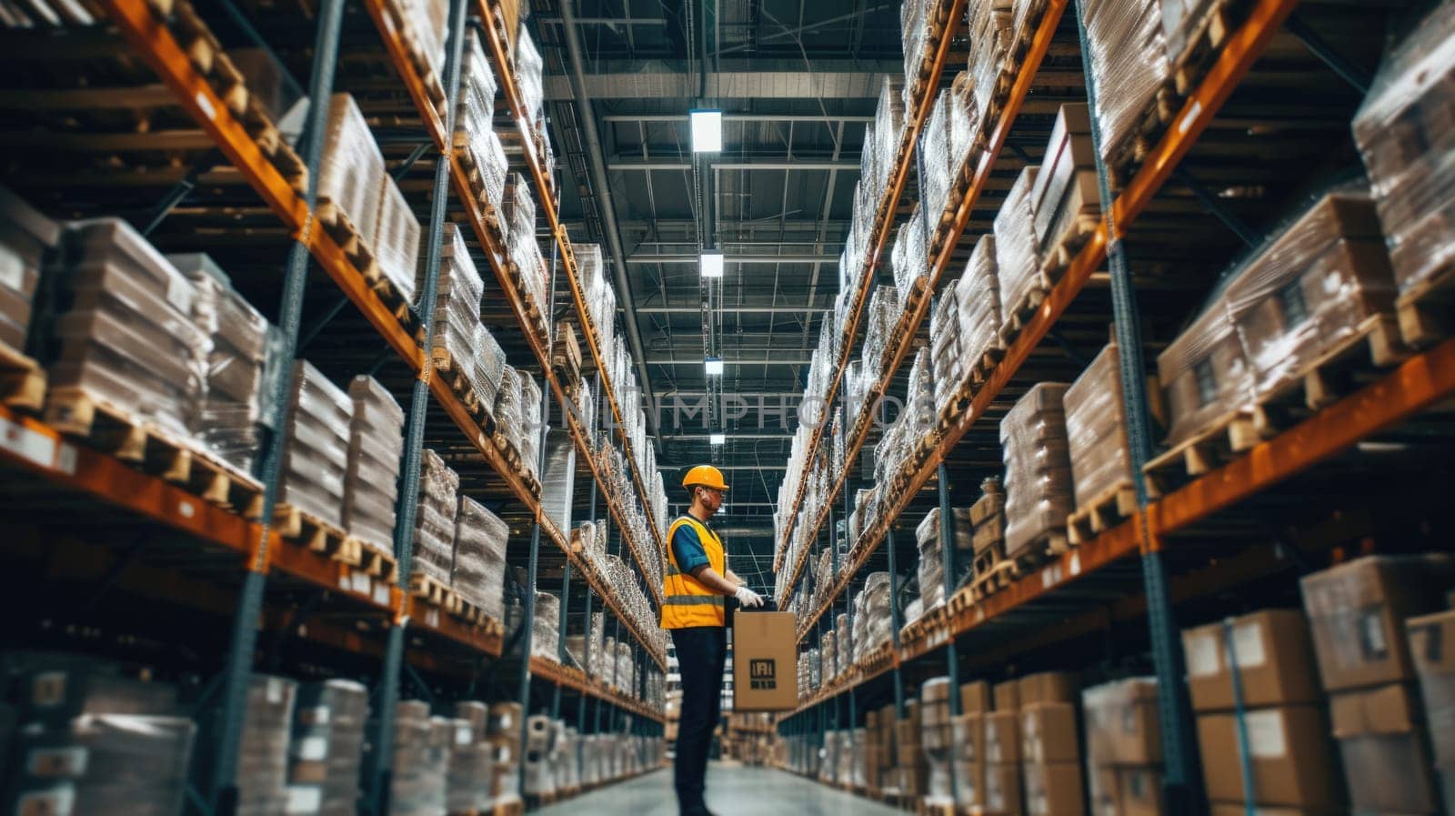 A man is standing in a building, gazing at a tablet amidst shelving, with wood flooring creating a serene atmosphere. AIG41
