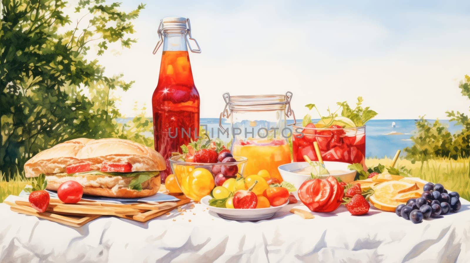 Summer picnic cartoon illustration - AI generated. Nature, fruits, food, berries.