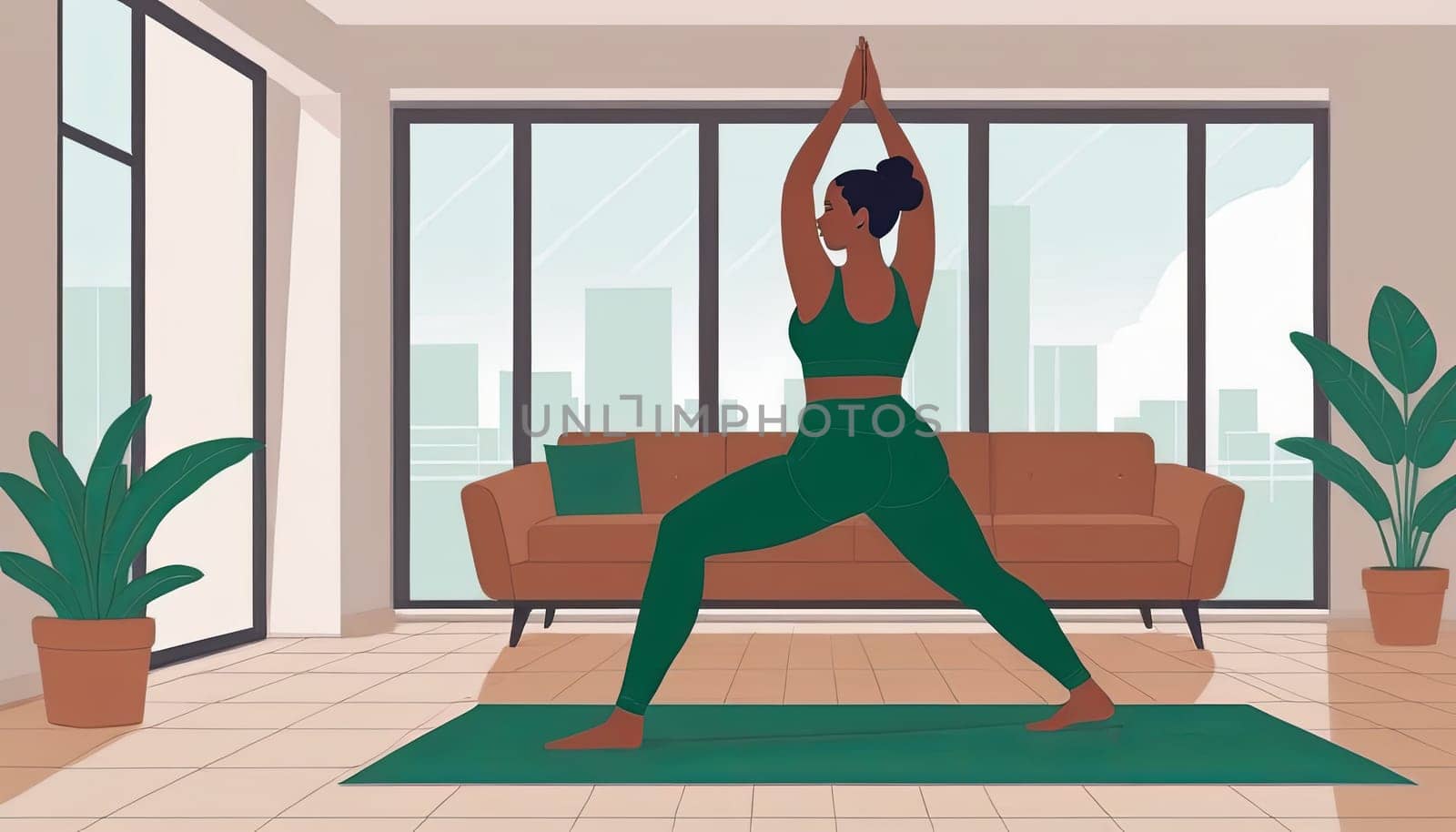 Woman, yoga practice near sofa, leggings and top attire. Bright room, large window, floor-standing flower