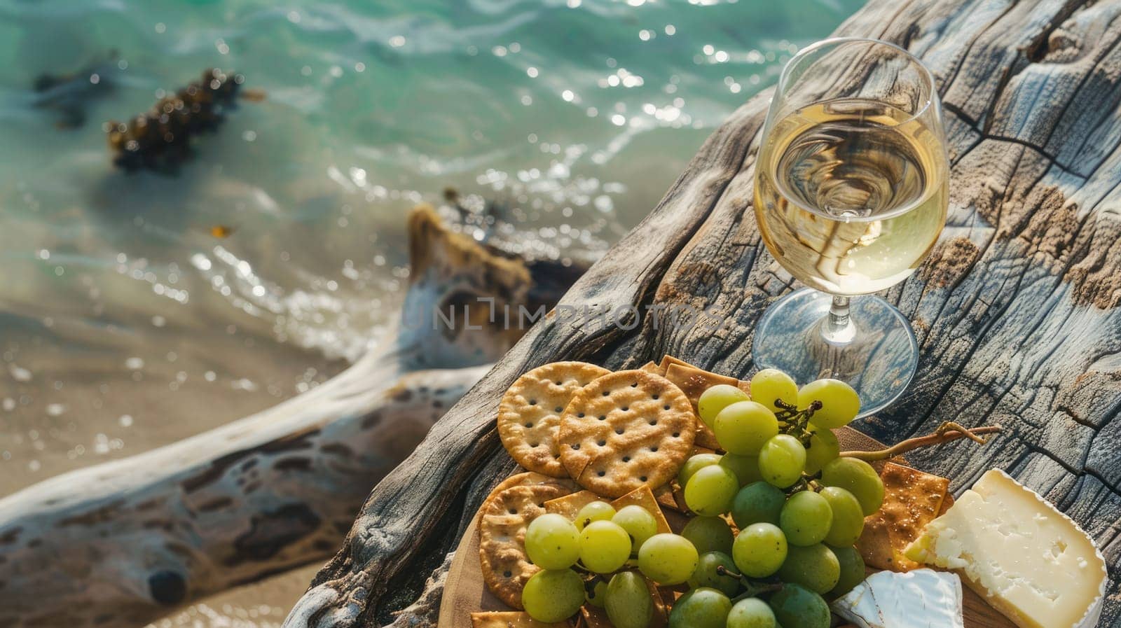 A wooden table displaying a delicious recipe with ingredients such as cheese, grapes, crackers, and a glass of wine. A natural foods dish showcasing the beauty of plantbased cuisine AIG50