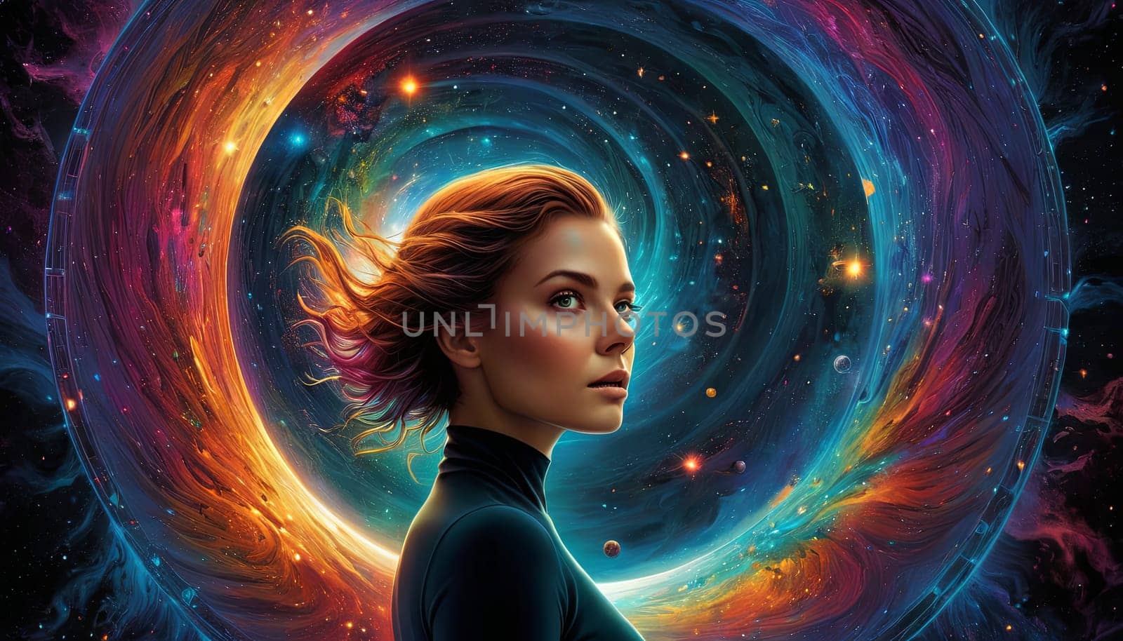 Woman amidst vibrant cosmic scenery, planets orbiting nearby. Represents intersection of humanity and infinite universe. Ideal for themes of exploration, mystery. by Matiunina