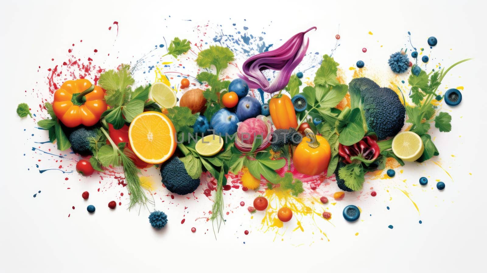 Vegetarian culinary cartoon illustration - AI generated. Broccoli, pepper, greens, orange.