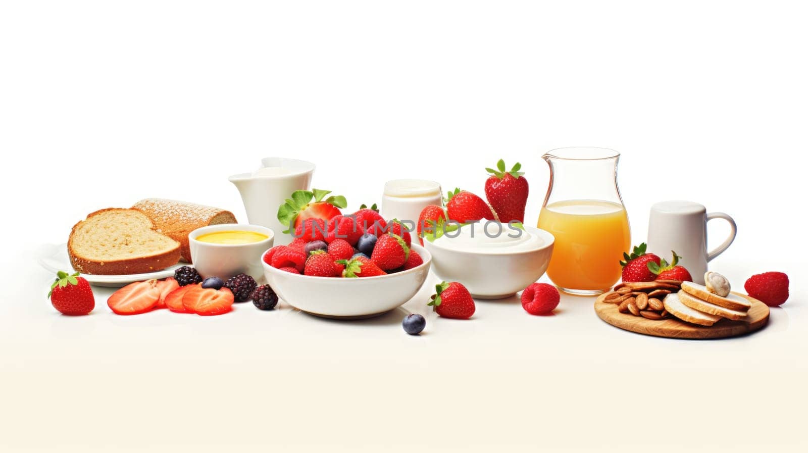 Wholesome breakfast cartoon illustration - AI generated. Nut, juice, fruits, berries.