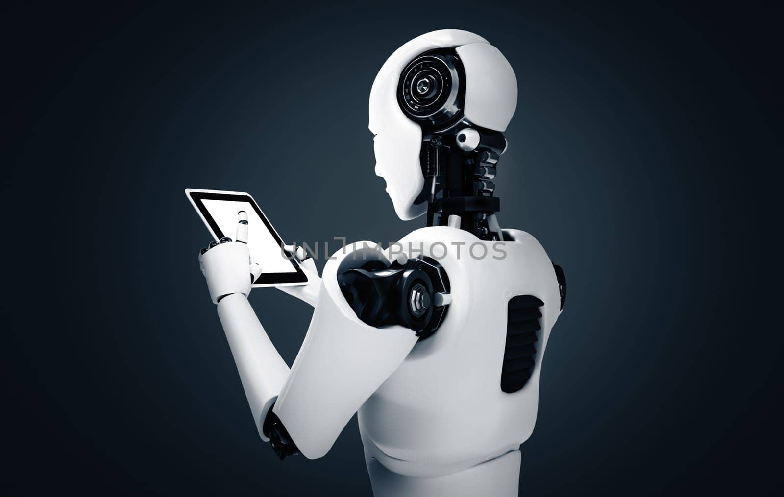 MLP 3d illustration Robot humanoid using tablet computer in future office while using AI thinking brain , artificial intelligence and machine learning process. 4th fourth industrial revolution 3D illustration.
