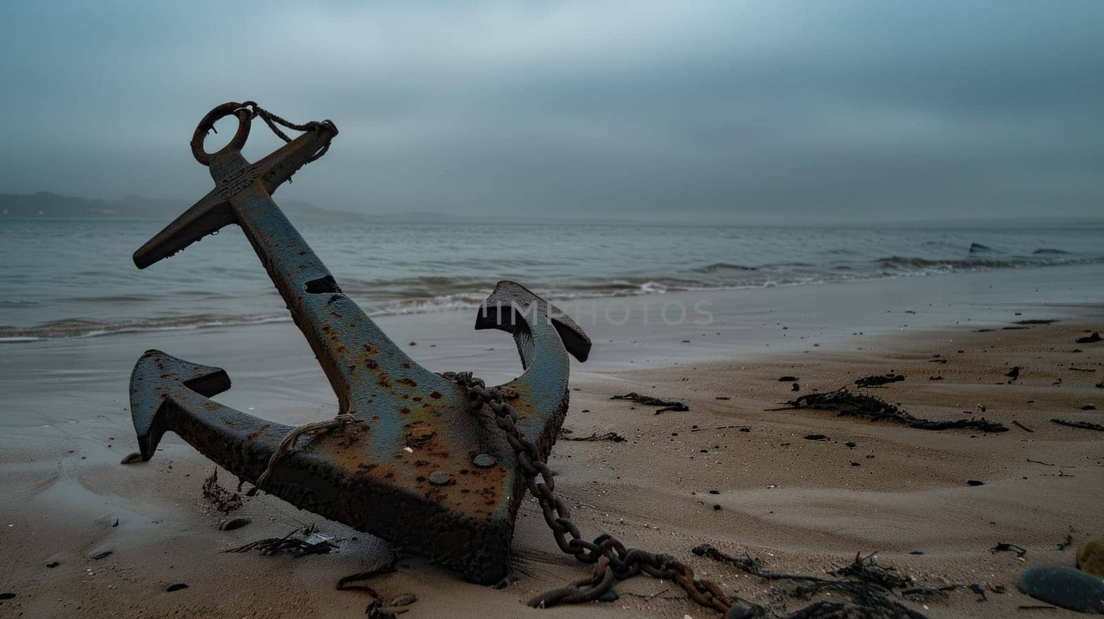 A weathered anchor rests on the sandy beach, surrounded by the gentle lapping of water. Nearby, a vibrant plant adds a touch of life to the serene scene AIG50