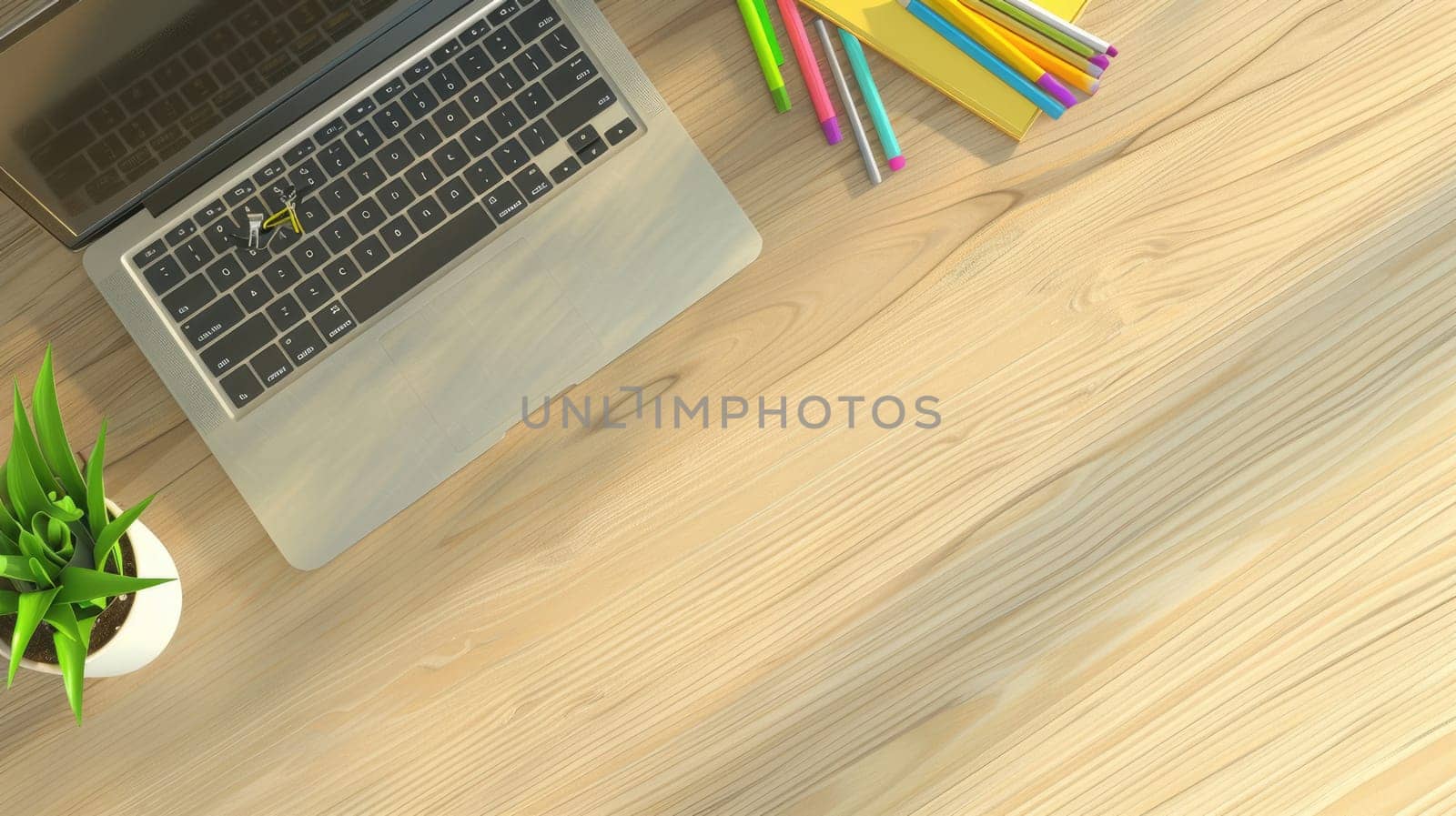 A rectangular wooden desk with a laptop, notebooks, pencils, and a potted plant. The flooring has a grass pattern, giving a natural and artistic touch to the space AIG50