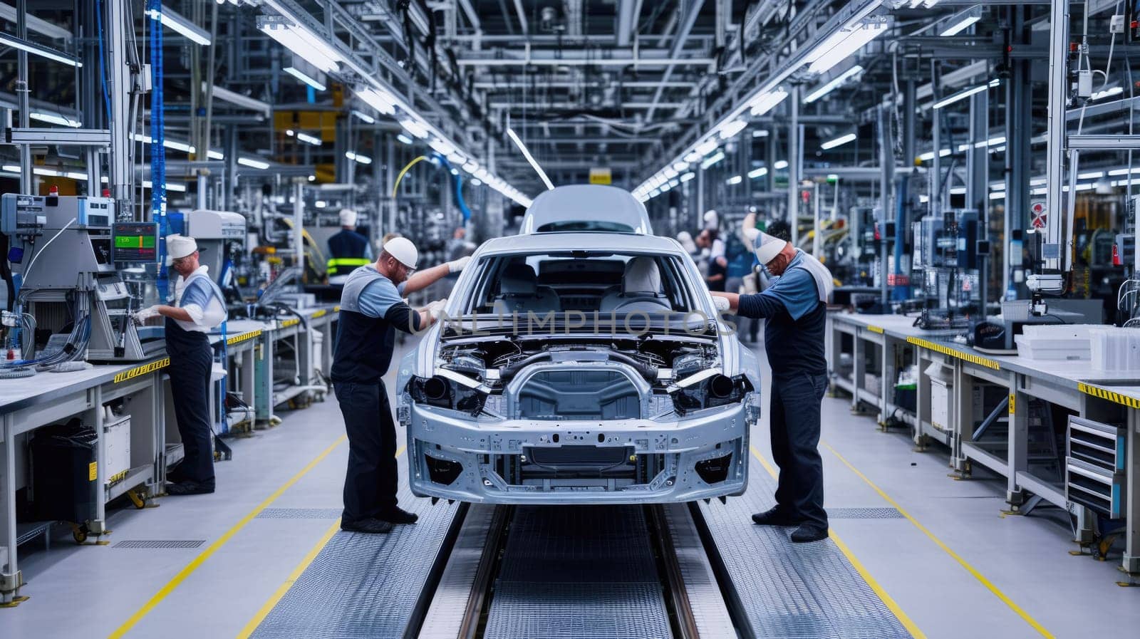 A car is constructed on an assembly line in a factory, moving on a conveyor belt. AIG41
