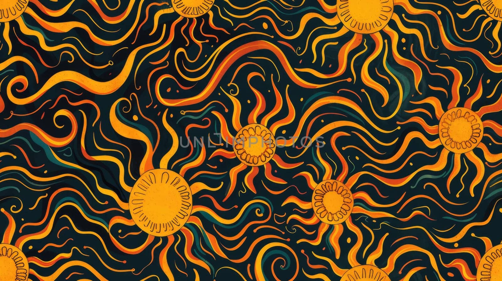 Textile sleeve featuring an intricate pattern of suns, moons, and swirls on a black background. The design incorporates elements of organisms, plants, and art in electric blue, aqua, and symmetry AIG50