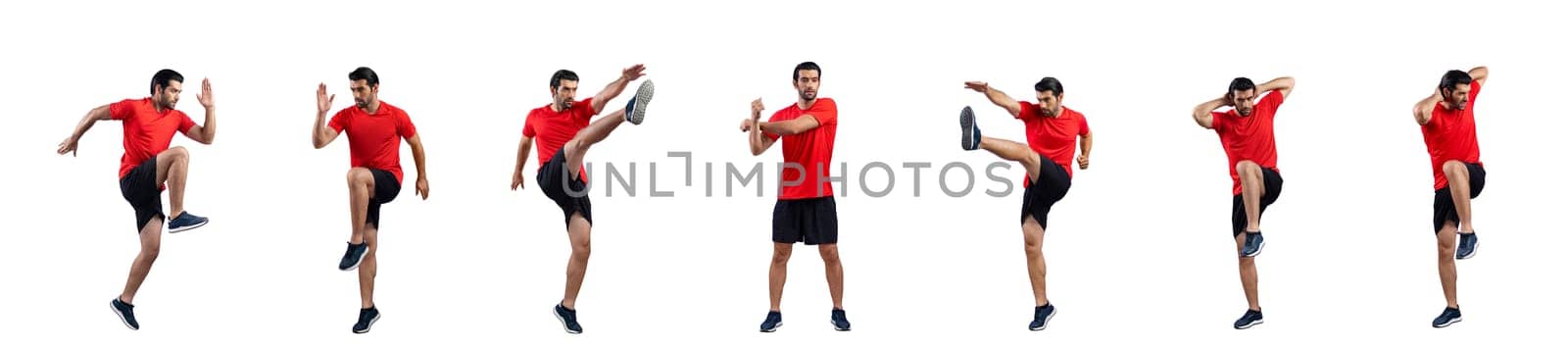 Healthy and active young man in sportswear with different professional fitness posture set of cardio training. Cardio running exercise on isolated background in gaiety full body length shot.