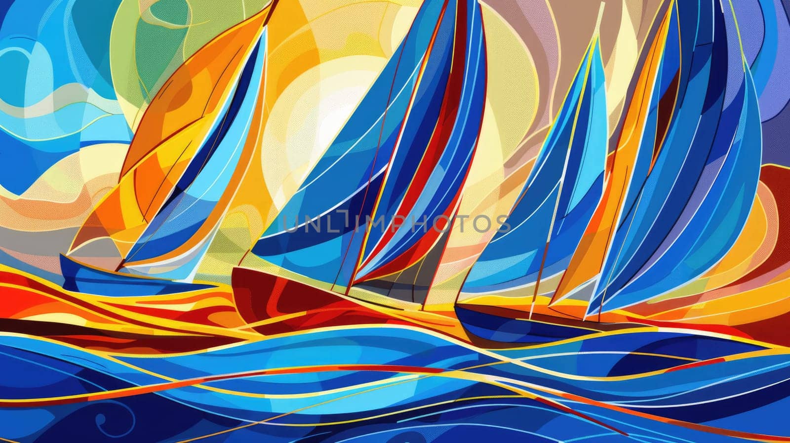A vibrant painting depicting three sailboats floating gracefully on the ocean, captured in beautiful watercolor illustration AIG50