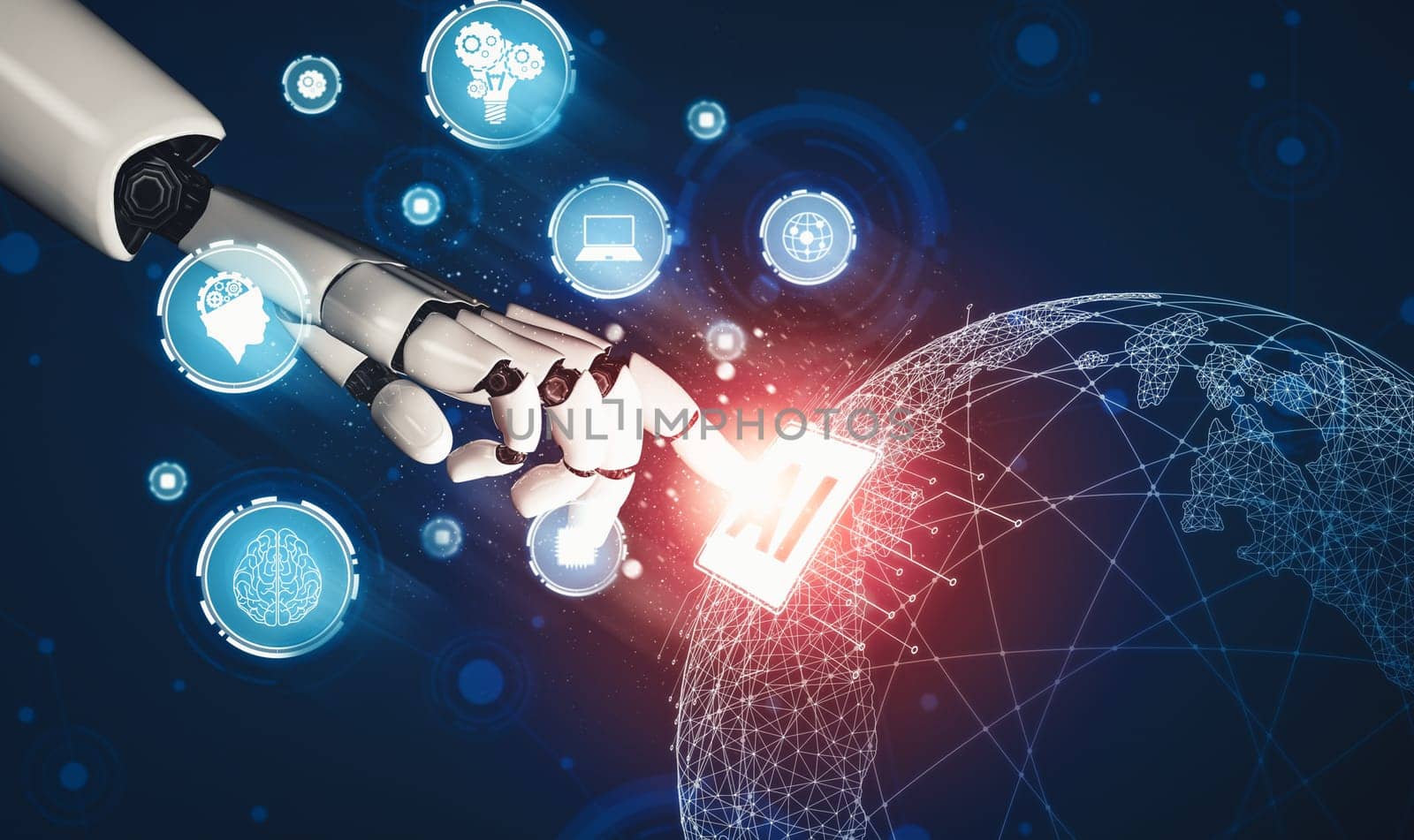 MLP 3D rendering futuristic droid robot technology development, artificial intelligence AI, and machine learning concept. Global robotic bionic science research for future of human life.