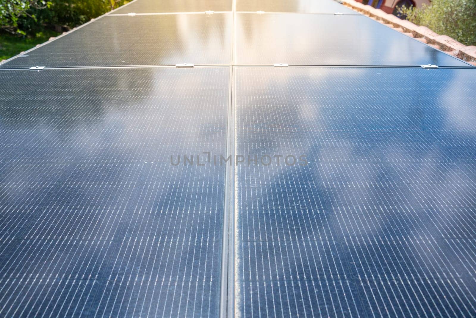 Close-up of Solar cell farm power plant eco technology. Photovoltaic power plant. Concept of sustainable resources and renewable energy. Blue tone. High quality photo