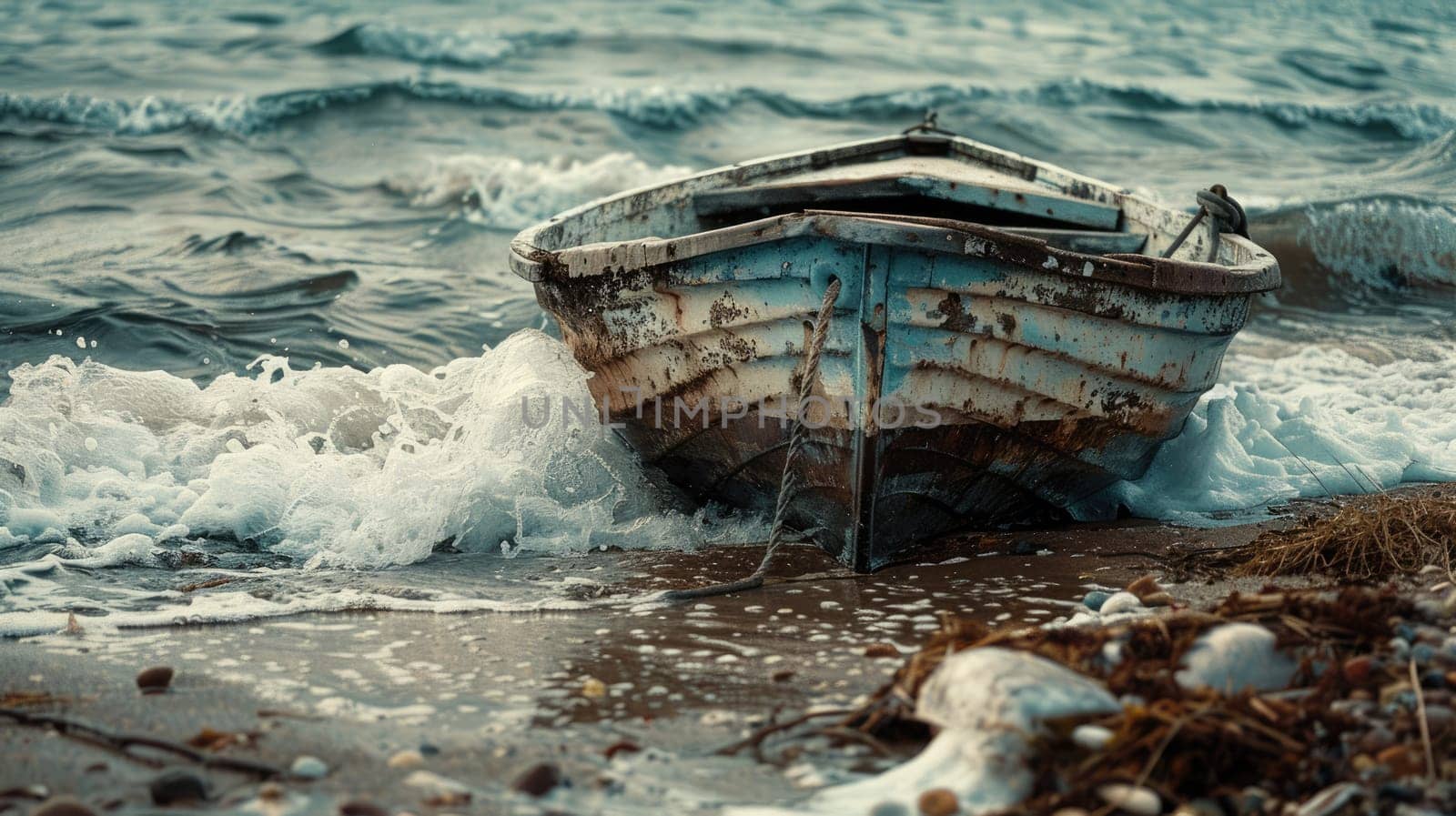 A watercraft is resting on the sandy beach amidst the vast ocean waters. The sky is filled with fluffy clouds and the wind waves gently AIG50