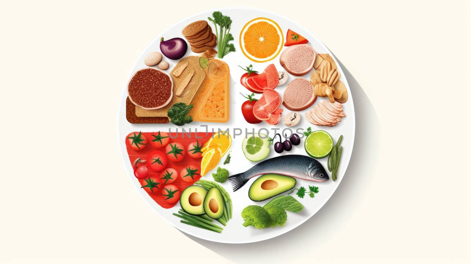 Balanced nutrition plate cartoon illustration - AI generated. Plate, fish, vegetable, fruit, citrus.