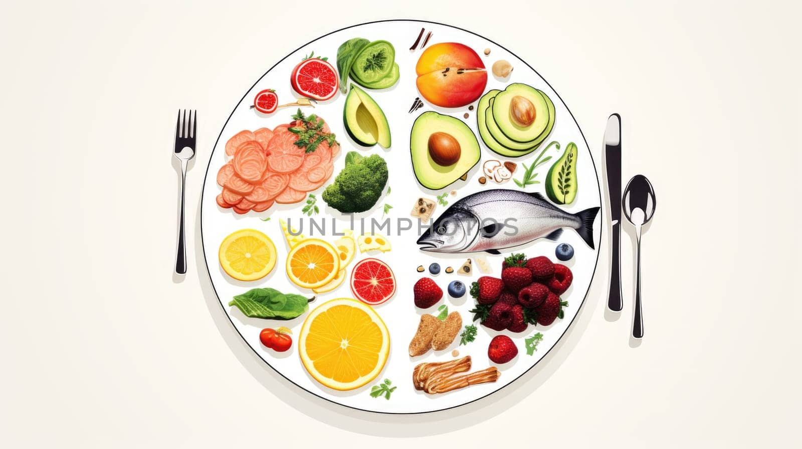 Balanced nutrition plate cartoon illustration - Generative AI. Plate, fish, vegetable, fruit, citrus. by simakovavector