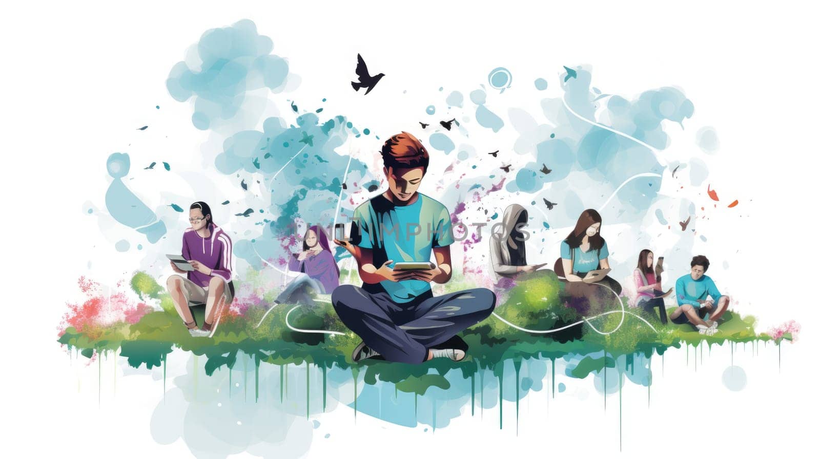 Digital detox watercolor illustration - AI generated. People, headphones, tablet, orange, blue.