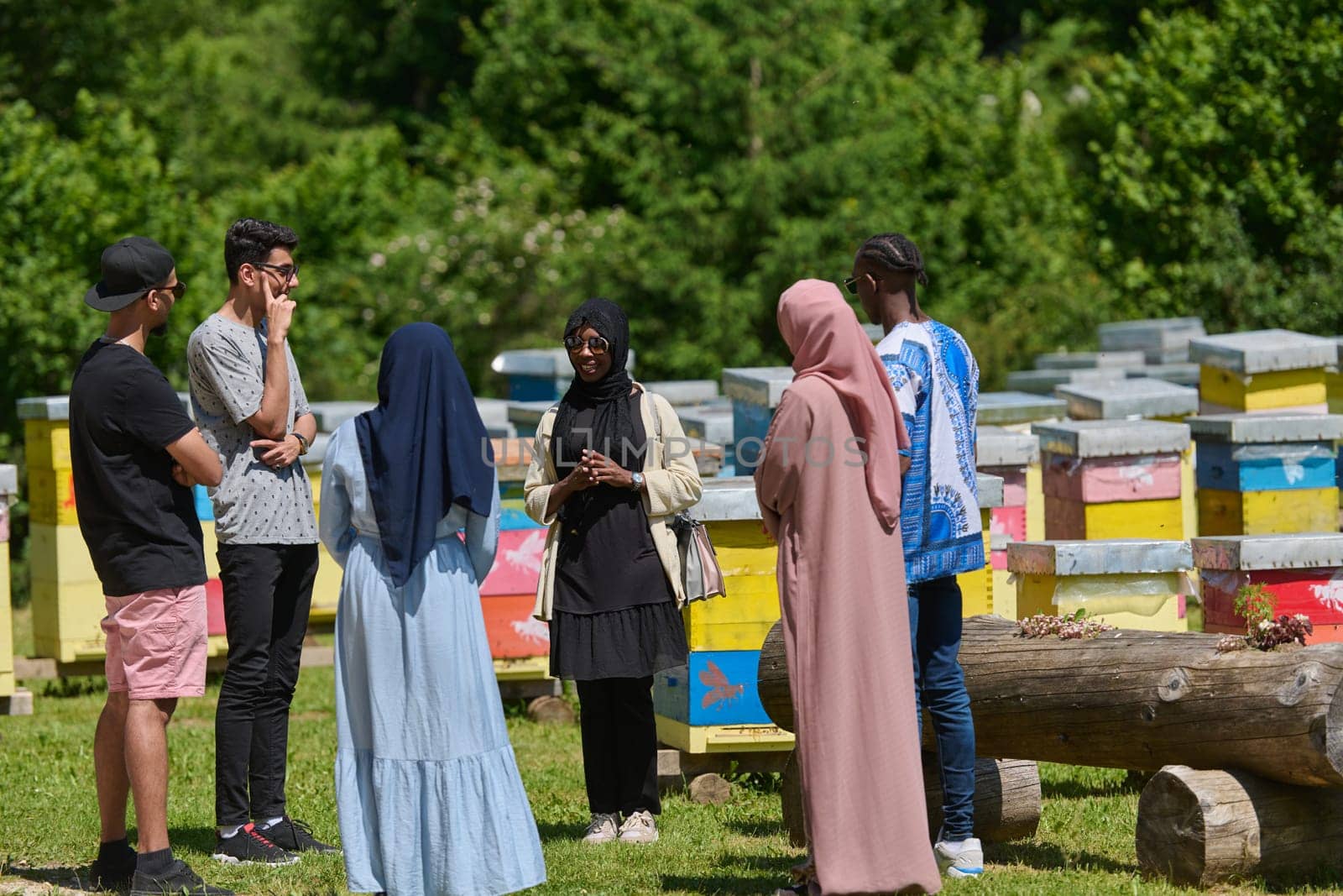 A diverse group of young friends and entrepreneurs explore small honey production businesses in the natural setting of the countryside. by dotshock