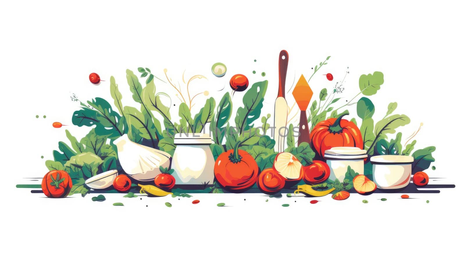 Healthy cooking watercolor illustration - Generative AI. Vegetable, greens, knife, bowl. by simakovavector