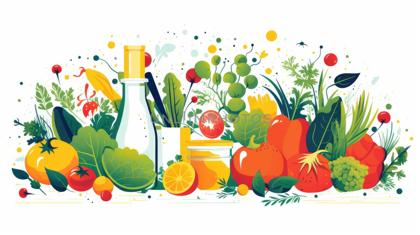 Healthy cooking watercolor illustration - AI generated. Vegetable, greens, knife, bowl.